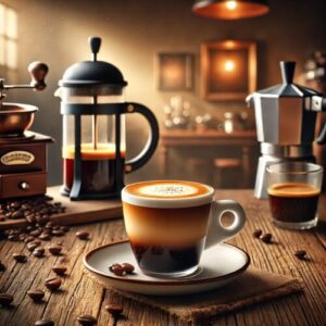 Ein elegant servierter Cafe Doppio in einer kleinen Kaffeetasse, der seine reichhaltige Crema und den dunklen Espresso zeigt, umgeben von einem gemütlichen Café-Setting.
