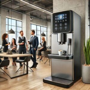 Moderne Büroküche mit einem Kaffeeautomaten, umgeben von Mitarbeitern, die Kaffeepausen genießen. Der Kaffeeautomat bietet verschiedene Optionen wie Espresso, Cappuccino und Latte Macchiato und trägt zur entspannten Arbeitsatmosphäre bei.