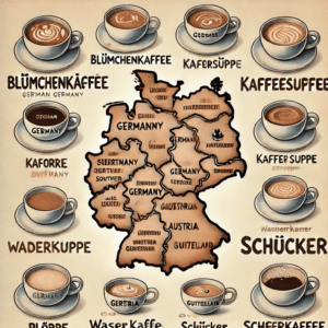 Illustration einer Deutschlandkarte mit verschiedenen regionalen Begriffen für „dünnen Kaffee“: „Blümchenkaffee“ in Mitteldeutschland, „Kaffeesuppe“ in Süddeutschland, „Plörre“ in Norddeutschland, „Wasserkaffee“ in Österreich und „Schlucker“ in der Schweiz.