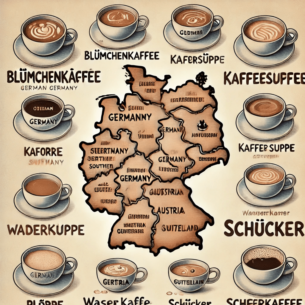 Illustration einer Deutschlandkarte mit verschiedenen regionalen Begriffen für „dünnen Kaffee“: „Blümchenkaffee“ in Mitteldeutschland, „Kaffeesuppe“ in Süddeutschland, „Plörre“ in Norddeutschland, „Wasserkaffee“ in Österreich und „Schlucker“ in der Schweiz.