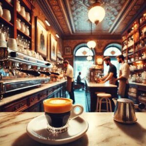 Ein stilvolles italienisches Café mit einem klassischen Espresso auf der Marmortheke, im Hintergrund ein Barista, der Kaffee serviert, während Kunden an der Theke stehen und ihren Espresso genießen. Die warme Beleuchtung und das Vintage-Design spiegeln die authentische italienische Kaffeekultur wider.