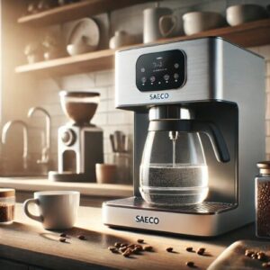 Saeco Kaffeevollautomat mit gefülltem Wasserbehälter auf einer sauberen Küchenarbeitsfläche, umgeben von Kaffeebohnenschalen und einem Kaffeebecher, als Beispiel für die richtige Handhabung