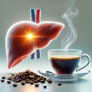 Gesunde Leber neben einer dampfenden Tasse Kaffee, symbolisiert die positiven Effekte von moderatem Kaffeekonsum auf die Lebergesundheit.