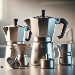 Zerlegter italienischer Kaffeekocher aus Edelstahl und Aluminium auf einer sauberen Küchenarbeitsplatte, der Wassertank, der Kaffeefilter, der Trichter und der obere Behälter sind deutlich sichtbar