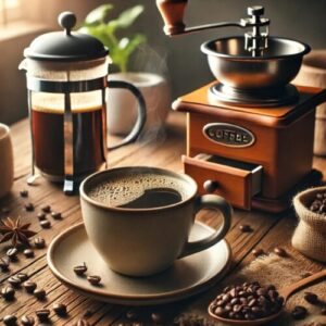 Ein gemütliches Kaffeeset mit einer dampfenden Tasse Kaffee auf einem Holztisch, umgeben von frisch gerösteten Kaffeebohnen, einer French Press und einer Kaffeemühle im Hintergrund.