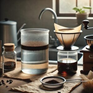 Manuelle Zubereitung von Cold Brew Kaffee ohne Strom, mit Glasbehälter, Kaffeefilter und Sieb in einer minimalistischen Küche.