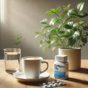 Eine Tasse Kaffee neben einer Packung Cortison-Tabletten auf einem Holztisch mit einem Wasserglas und grüner Pflanze im Hintergrund – Symbol für den achtsamen Umgang mit Kaffee während der Einnahme von Cortison.