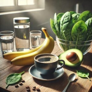 Eine Tasse schwarzer Kaffee neben einer Banane, Spinatblättern und einer Avocado auf einem Holztisch, umgeben von Sonnenlicht. Dieses Bild betont die Rolle von Kaffee und kaliumreichen Lebensmitteln in einer ausgewogenen Ernährung.