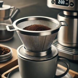 Nahaufnahme eines wiederverwendbaren Kaffeefilters aus Edelstahl, der auf einer Tasse platziert ist. Der Filter zeigt eine feine Edelstahlmaschenstruktur, die für langlebige und saubere Kaffeezubereitung sorgt, mit Kaffeemehl im Inneren und einer modernen Küche im Hintergrund.