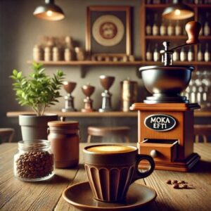 Ein gemütliches Café mit einer Tasse Moka Efti Kaffee auf einem Holztisch, umgeben von stilvollem Café-Dekor und einem Vintage-Kaffeemühlen-Element im Hintergrund.