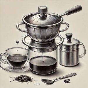 Illustration eines vietnamesischen Kaffeefilters (Phin-Filter) aus Edelstahl, der Kaffee langsam in ein Glas darunter tropfen lässt.