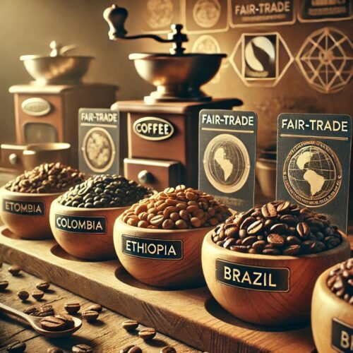 Premium Kaffeebohnen aus verschiedenen Regionen, darunter Kolumbien, Äthiopien und Brasilien, in Holzschalen präsentiert, mit Fokus auf Nachhaltigkeit und Fair-Trade, teilweise sichtbarer Kaffeevollautomat.