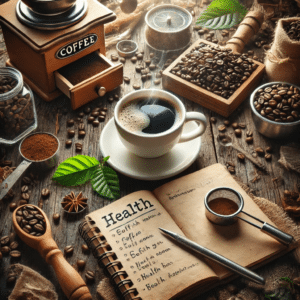 Eine Tasse Kaffee auf einem rustikalen Holztisch, umgeben von Kaffeebohnen und einer Notiz über gesundheitliche Wirkungen und Nebenwirkungen des Kaffees.