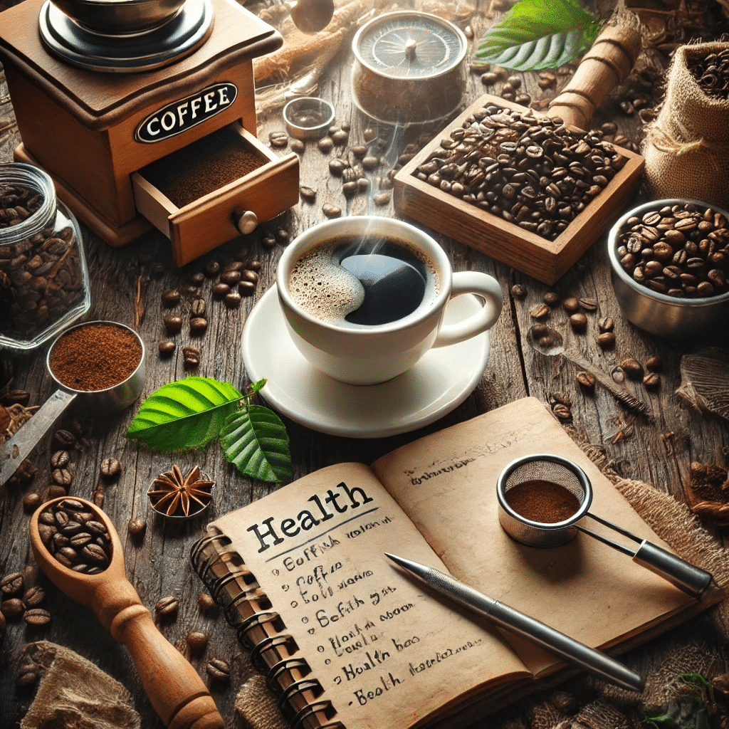 Eine Tasse Kaffee auf einem rustikalen Holztisch, umgeben von Kaffeebohnen und einer Notiz über gesundheitliche Wirkungen und Nebenwirkungen des Kaffees.