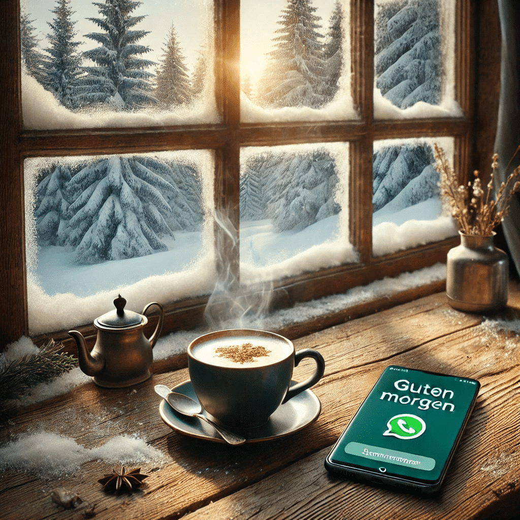 Gemütlicher Wintermorgen mit dampfendem Kaffee auf einem Holztisch, einem Smartphone mit einer „Guten Morgen“-Nachricht und verschneiten Bäumen im Hintergrund.