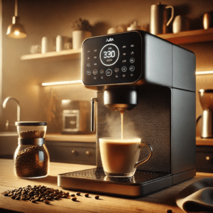 Moderne Jura Kaffeemaschine in einer gemütlichen Küche, die frischen Kaffee brüht, umgeben von Kaffeebohnen, einer dampfenden Tasse Kaffee und verschiedenen Kaffeezubehörteilen.
