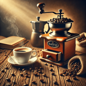 Hochwertige Kaffeemühle auf einem Holztisch, umgeben von frisch gemahlenem Kaffee, Kaffeebohnen, einer Tasse Kaffee und einem Buch – eine gemütliche Szene für Kaffee-Liebhaber.
