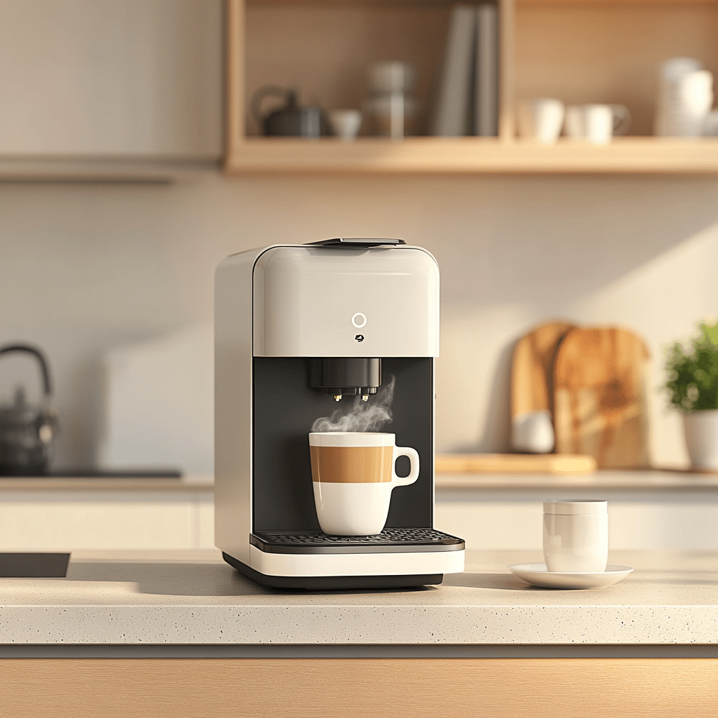 Komplette Übersicht eines kompakten Kaffeevollautomaten auf einer modernen Küchenarbeitsplatte, ideal für kleine Haushalte.