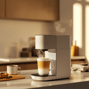 Elegante und platzsparende Kaffeemaschine mit integriertem Milchaufschäumer, perfekt für Espresso und Cappuccino in kleinen Küchen.