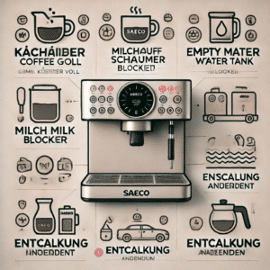 Saeco Kaffeevollautomat mit Symbolen für gängige Fehlermeldungen wie Behälter voll, Milchaufschäumer blockiert und Entkalkung erforderlich