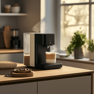 Detailaufnahme eines kleinen Kaffeevollautomaten mit Touchscreen und Bohnenbehälter, ideal für engen Raum in modernen Küchen