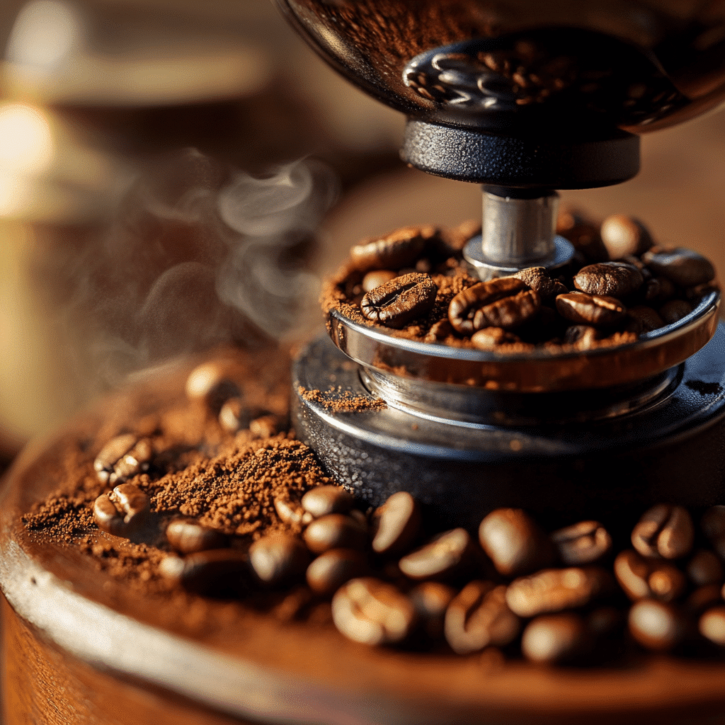 Kaffeebohnen, die durch ein stumpfes Kegelmahlwerk gemahlen wurden, mit sichtbaren Unterschieden in der Körnung – einige Kaffeepartikel sind zu fein, während andere zu grob sind. Die ungleichmäßige Mahlung führt zu einer schlechten Extraktion des Kaffees.