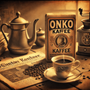 Vintage Kaffeeszene mit einer Packung Onko Kaffee, einer Tasse frischen Kaffees und einem Retro-Kaffeekocher in sepiafarbenem Licht, das die Nostalgie der traditionellen deutschen Kaffeekultur widerspiegelt.