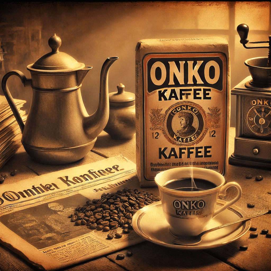 Vintage Kaffeeszene mit einer Packung Onko Kaffee, einer Tasse frischen Kaffees und einem Retro-Kaffeekocher in sepiafarbenem Licht, das die Nostalgie der traditionellen deutschen Kaffeekultur widerspiegelt.