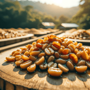 Honey-Processed Kaffeebohnen beim Trocknen – Bohnen mit goldenem Mucilage-Überzug auf Trocknungsbetten