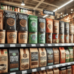 Kaffeespezialitäten aus dem Supermarkt 5 Supermarkt-Kaffee-Regal – Ein Regal im Supermarkt mit verschiedenen Kaffeespezialitäten, darunter ganze Bohnen, gemahlener Kaffee, Bio- und Fairtrade-Varianten