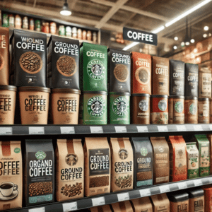 Supermarkt-Kaffee-Regal – Ein Regal im Supermarkt mit verschiedenen Kaffeespezialitäten, darunter ganze Bohnen, gemahlener Kaffee, Bio- und Fairtrade-Varianten