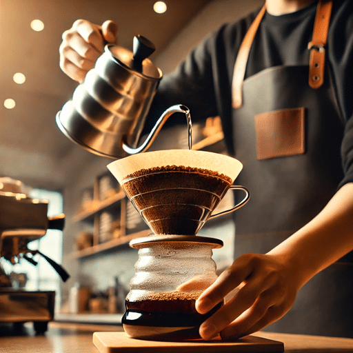 V60 Pour-Over mit Honey-Processed Kaffee – Barista gießt heißes Wasser über blühenden Kaffee