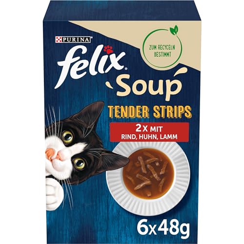 FELIX Soup Tender Strips, Suppe für Katzen, Geschmacksvielfalt vom Land, 6er Pack (6 x 48g)