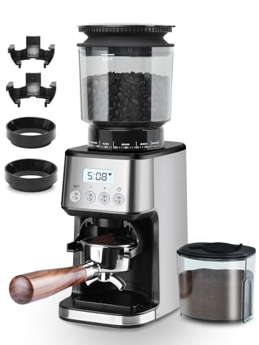 Homtone Elektrische Kaffeemühle Edelstahl-Kegelmahlwerk, 51-stufige Einstellbare Mahlgrad Kaffeemühle Espressomühle, Automatische Kaffeemühle für Siebträger, Schwarz/Edelstahl