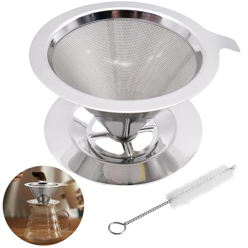 Kaffeefilter, wiederverwendbarer, papierloser Tropfbecher, permanentes Übergießen, Edelstahl, Doppel-Micro-Mesh-Filter mit Reinigungsbürste, konischer Filter für manuelle Kaffeemaschine