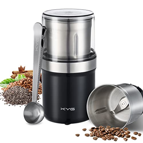 KYG Kaffeemühle Elektrisch mit Abnehmbarer Edelstahlbehälter, 300W Kaffeebohnenmühle elektrisch, Gewürzmühle mit 100g Füllmenge, für Kaffeebohnen, Kräuter, Nüsse, Körner