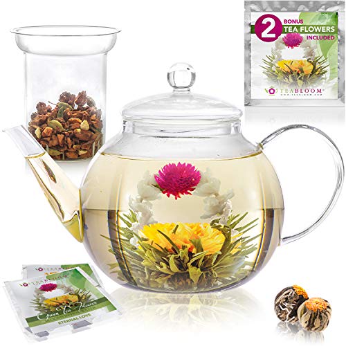 Teabloom Teekanne aus Borosilikatglas (1,2 l) mit herausnehmbarem losem Tee-Ei aus Borosilikatglas - inkl. 2 Blütentees