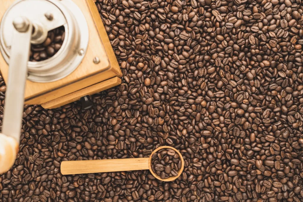 Kaffeemühle und Kaffeebohnen vor der Reinigung und Wartung